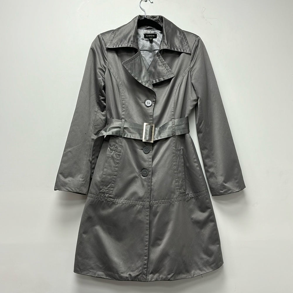 BEBE Light grey trench coat  Double Breasted Satin Silver Grey  size XS